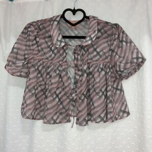 Chic Women's Blouse in Pink and Gray Cottagecore Soft Girl Tie Top